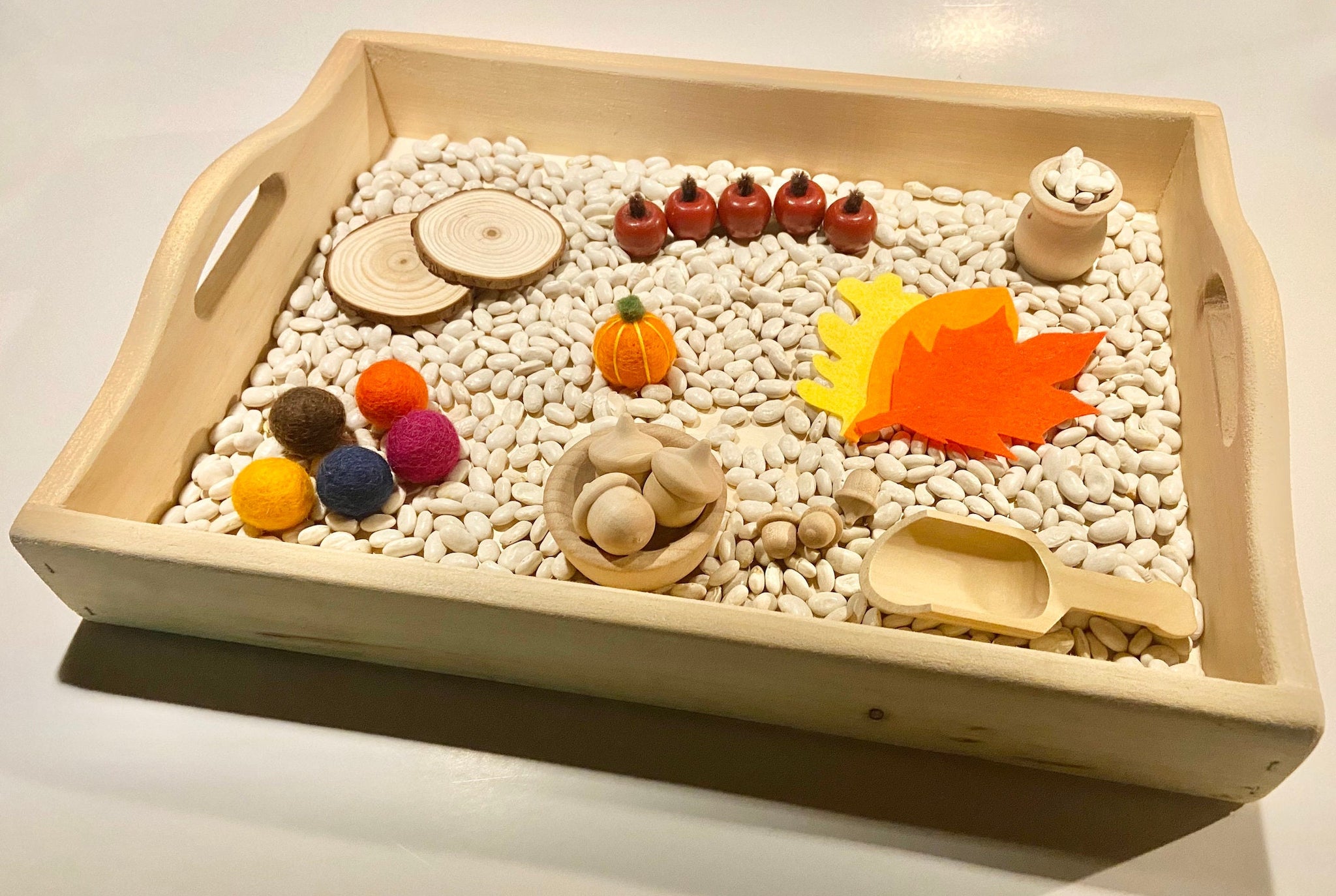 Fall Themed Sensory Tray, Montessori Inspired, Wooden, Wool, and Felt  Sensory Materials, Tray and Beans Included!